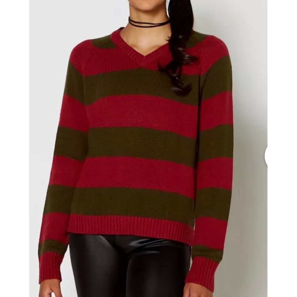 Nightmare on Elm Street Freddy Krueger Striped V-Neck Sweater Red Green Lg 0025